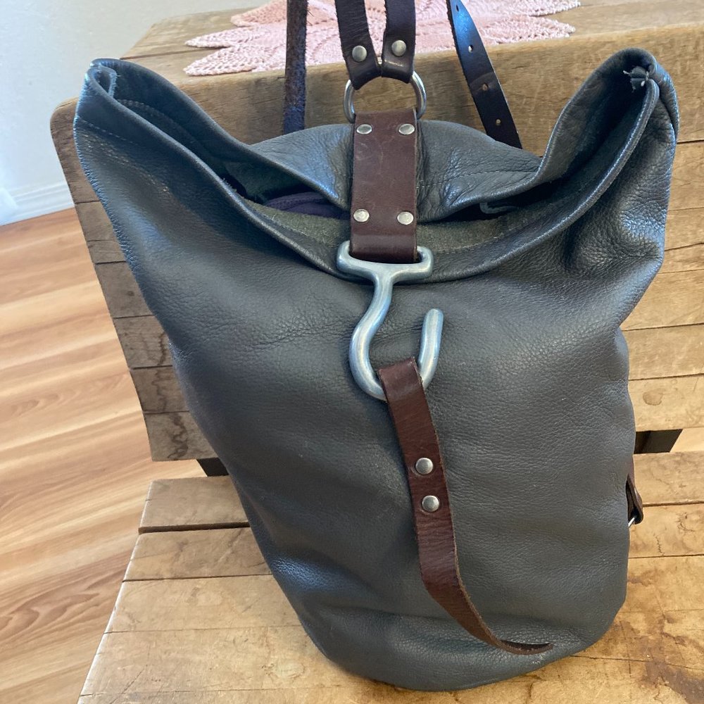 Leather Roll-Top Backpack in Dark Gray with Brown Accents